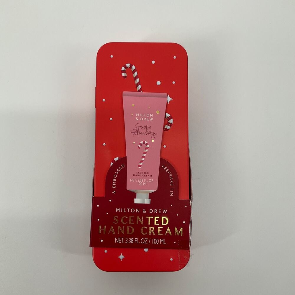 Milton & Drew Frosted Strawberry Scented Hand Cream 100ml Gift Tin Candy Cane